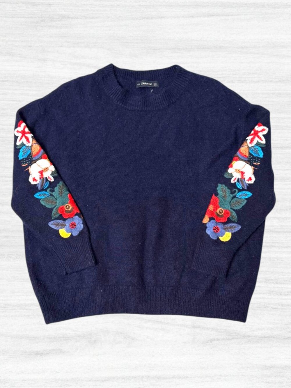 Zara Knit Navy Blue Embroidered Floral Sleeve Oversized Crewneck Sweater S M L